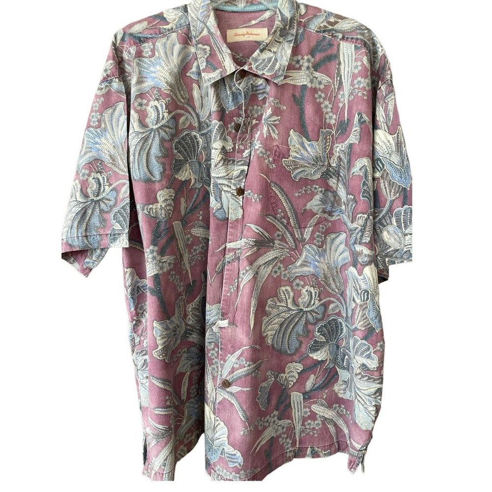 Tommy Bahama Men’s Shirt 2XL Hawaiian Red Blue Lily Floral 100% Silk Camp EUC